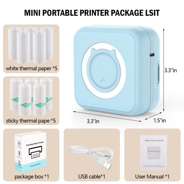 Pocket Printer for iPhone/Android, Wireless Mini Sticker Printer with 10 Rolls Thermal Paper, Blue-Tooth Thermal Mini Printer Portable for Notes Journal Memo Photo Study