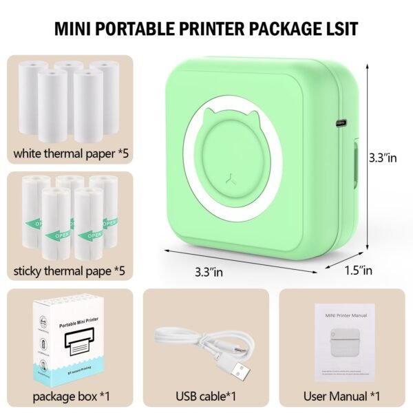 Pocket Printer for iPhone/Android, Wireless Mini Sticker Printer with 10 Rolls Thermal Paper, Blue-Tooth Thermal Mini Printer Portable for Notes Journal Memo Photo Study