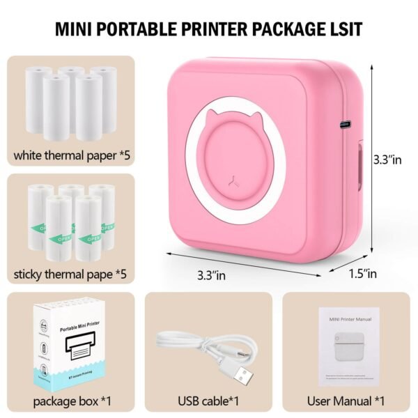 Pocket Printer for iPhone/Android, Wireless Mini Sticker Printer with 10 Rolls Thermal Paper, Blue-Tooth Thermal Mini Printer Portable for Notes Journal Memo Photo Study